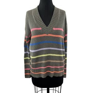 LISA TODD Gray S Sweater Linen Rainbow Striped Rib V-Neck Long Sleeve Pullover